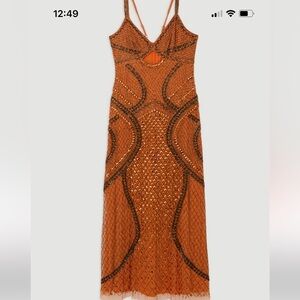 Karen Millen embellished Beaded cutout  Woven Maxi Dress in Orange rust Sz S